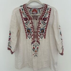 Johnny Was White Linen Blouse with Red and Green Embroidery